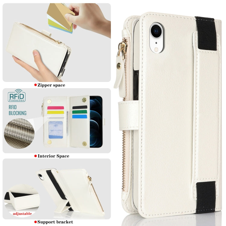 For iPhone XR Wristband Holder Zipper Purse RFID Leather Phone Case(White) - More iPhone Cases by buy2fix | Online Shopping UK | buy2fix