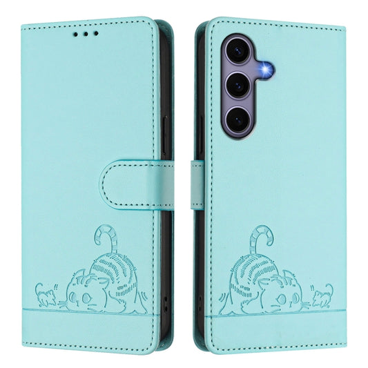 For Samsung Galaxy S25 5G Cat Rat Embossed Pattern RFID Leather Phone Case with Lanyard(Mint Green) by buy2fix