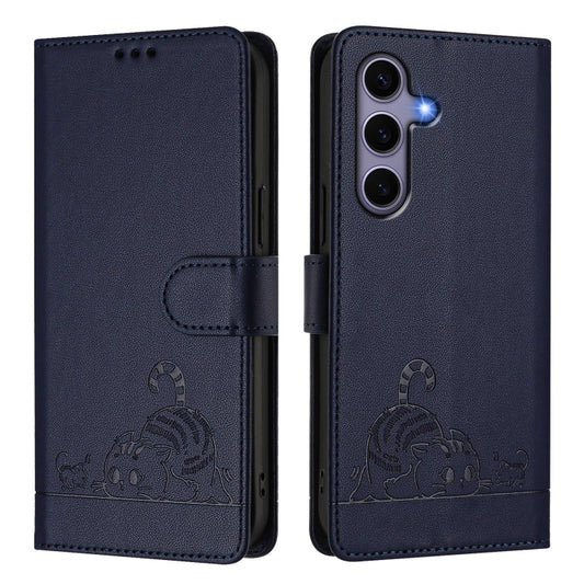 For Samsung Galaxy S25 5G Cat Rat Embossed Pattern RFID Leather Phone Case with Lanyard(Blue) by buy2fix
