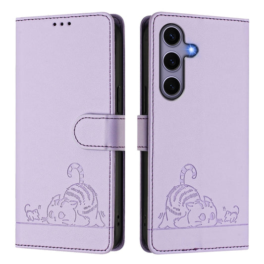 For Samsung Galaxy S25 5G Cat Rat Embossed Pattern RFID Leather Phone Case with Lanyard(Purple) by buy2fix