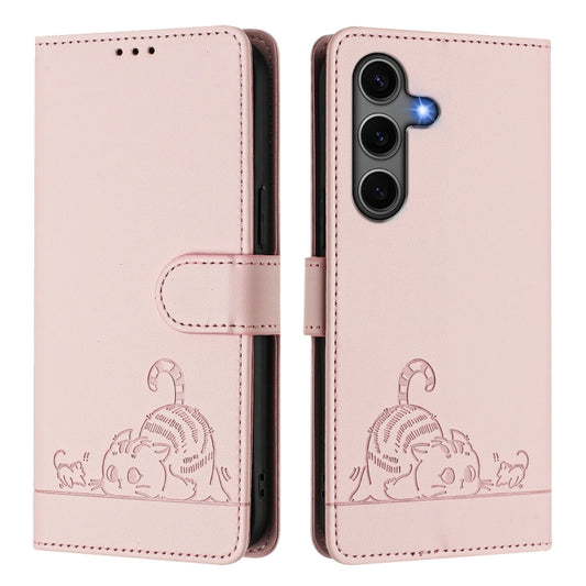 For Samsung Galaxy S25+ 5G Cat Rat Embossed Pattern RFID Leather Phone Case with Lanyard(Pink) by buy2fix