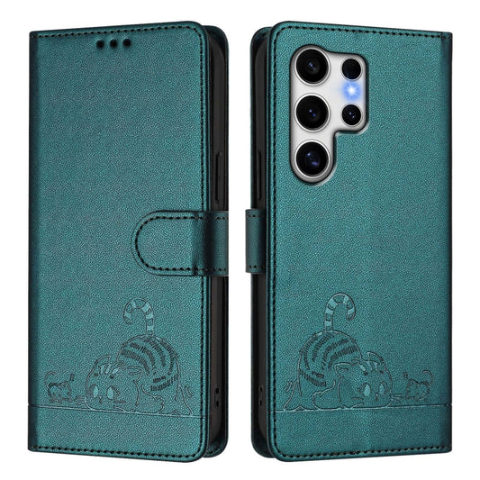 For Samsung Galaxy S25 Ultra 5G Cat Rat Embossed Pattern RFID Leather Phone Case with Lanyard(Peacock Green) by buy2fix