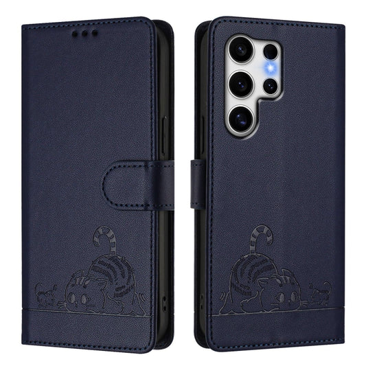 For Samsung Galaxy S25 Ultra 5G Cat Rat Embossed Pattern RFID Leather Phone Case with Lanyard(Blue) by buy2fix