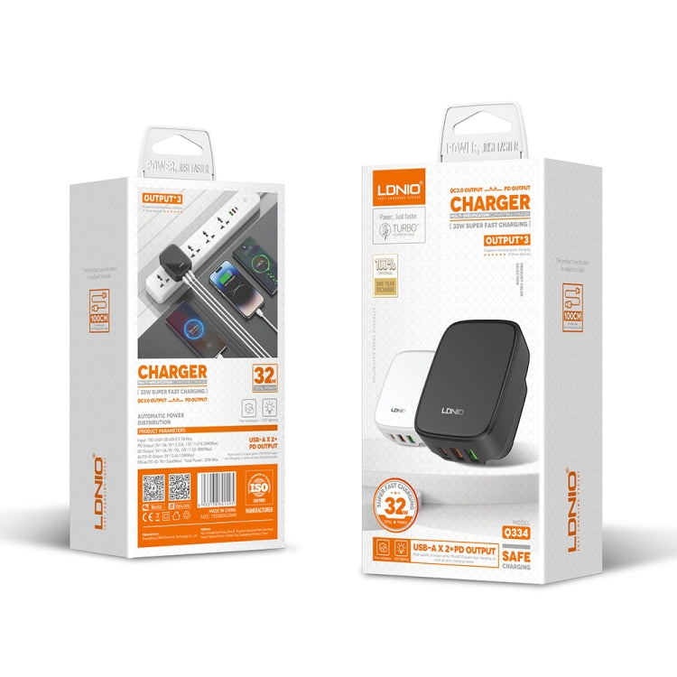 LDNIO Q334 32W Type-C + Dual USB Port Charger with 1m 8 Pin Data Cable, Plug Type:UK Plug(White) by LDNIO
