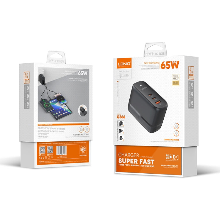 LDNIO Q366 65W USB + Dual Type-C Port Charger with 1m USB-C / Type-C to USB-C / Type-C Data Cable, Plug Type:UK Plug(Black) by LDNIO