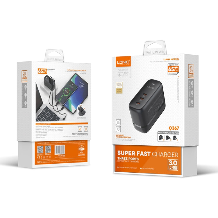 LDNIO Q367 65W GaN 3 x USB-C / Type-C Interface Charger with 1m USB-C / Type-C to USB-C / Type-C Data Cable, Plug Type:US Plug(Black) by LDNIO