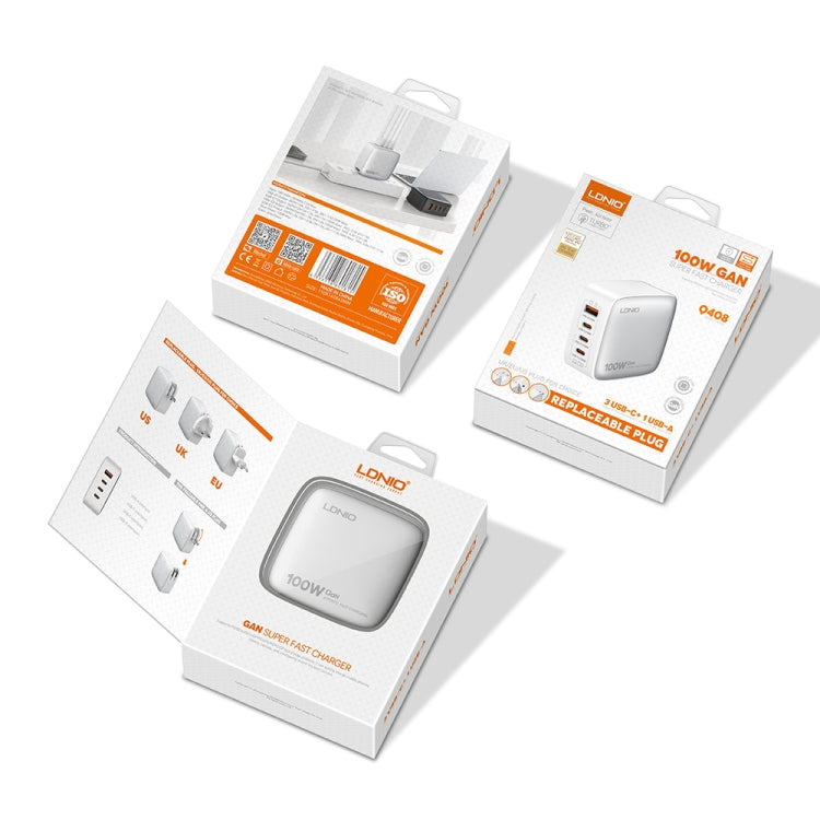 LDNIO Q408 100W GaN USB+3 USB-C / Type-C Interface Charger with 1m 100W USB-C / Type-C to USB-C / Type-C Data Cable, Plug Type:EU Plug(White) by LDNIO