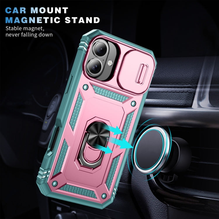 For iPhone 16 Plus Sliding Camshield TPU + PC Phone Case with Holder(Green+Pink) by buy2fix