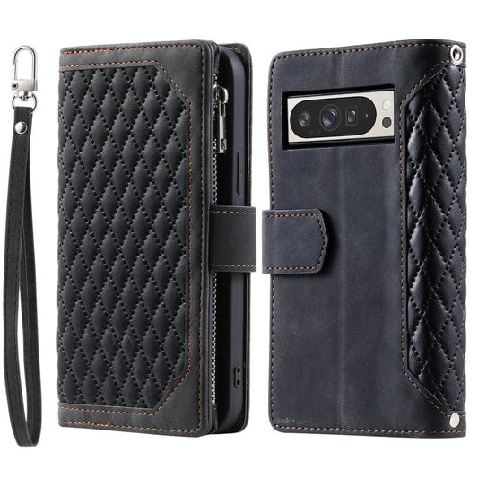 For Google Pixel 10 Pro XL Grid Texture Zipper Leather Phone Case with Lanyard(Black) - Google Cases by buy2fix | Online Shopping UK | buy2fix