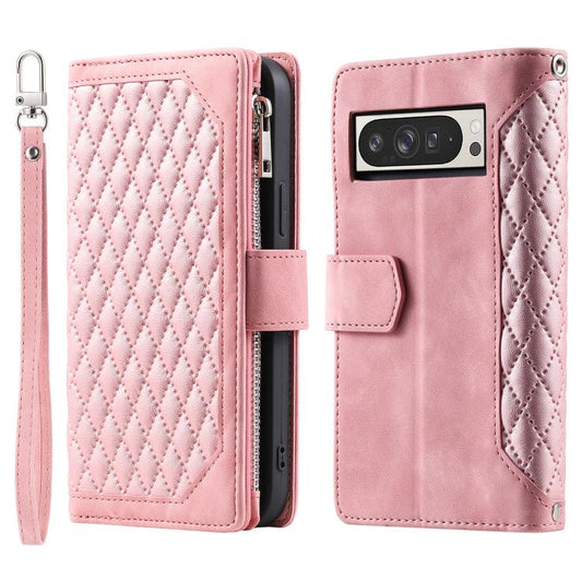 For Google Pixel 10 Pro XL Grid Texture Zipper Leather Phone Case with Lanyard(Rose Gold) - Google Cases by buy2fix | Online Shopping UK | buy2fix