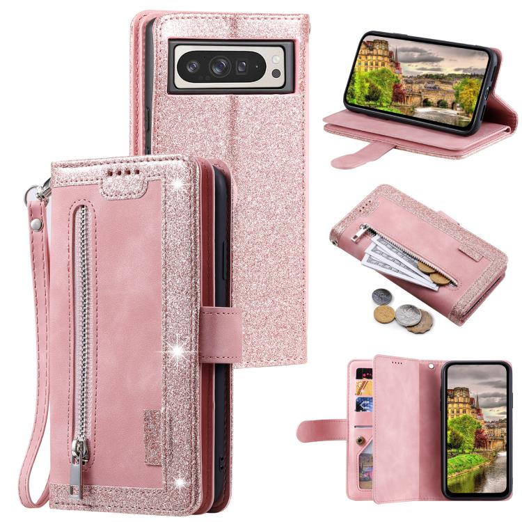 For Google Pixel 10 Pro XL Nine Card Zipper Bag Leather Phone Case with Lanyard(Rose Gold) - Google Cases by buy2fix | Online Shopping UK | buy2fix