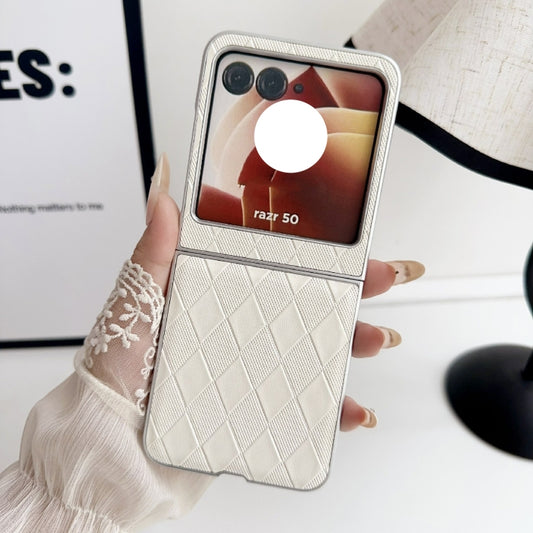 For Motorola Razr 50 Pearlescent Paint Diamond Shaped Checkered Leather Phone Case(Silver) by buy2fix