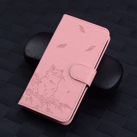 For iPhone 16e Cute Cat Embossed Leather Phone Case(Pink) by buy2fix