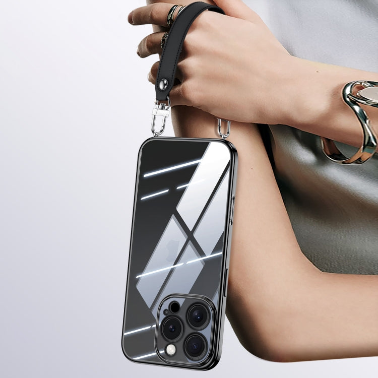 For iPhone 16 Pro SULADA Electroplated Clear TPU Soft Frame Phone Case with Wrist Strap(Black) - iPhone 16 Pro Cases by SULADA | Online Shopping UK | buy2fix