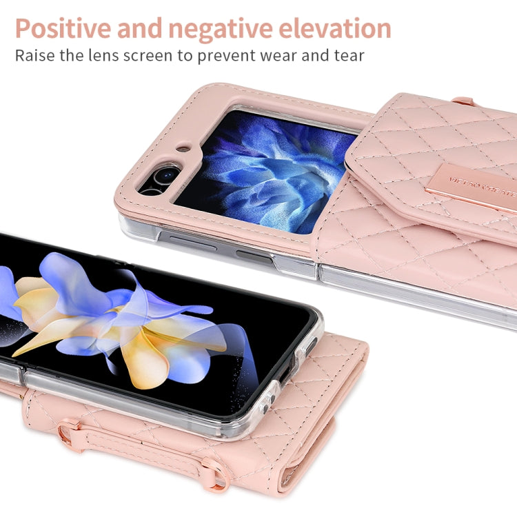 For Samsung Galaxy Z Flip6 / Flip7 FE VIETAO Rhombic Texture Wallet PU Phone Case with Long Lanyard(Pink) - Galaxy Z Flip6 5G Cases by VIETAO | Online Shopping UK | buy2fix