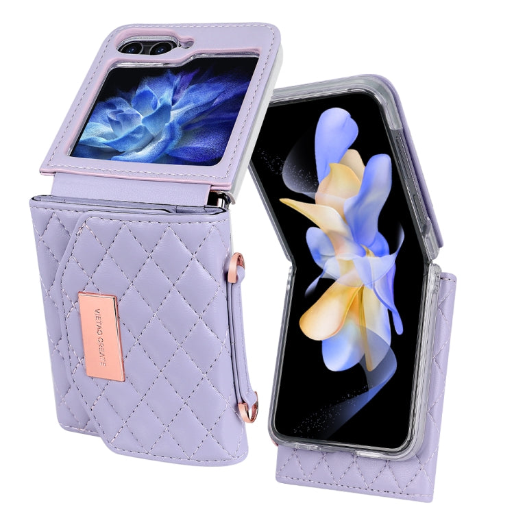 For Samsung Galaxy Z Flip6 / Flip7 FE VIETAO Rhombic Texture Wallet PU Phone Case with Long Lanyard(Purple) - Galaxy Z Flip6 5G Cases by VIETAO | Online Shopping UK | buy2fix