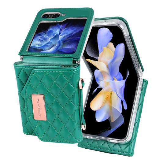 For Samsung Galaxy Z Flip5 VIETAO Rhombic Texture Wallet PU Phone Case with Long Lanyard(Green) - Galaxy Z Flip5 Cases by VIETAO | Online Shopping UK | buy2fix