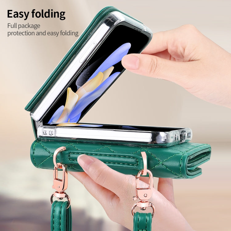 For Samsung Galaxy Z Flip4 VIETAO Rhombic Texture Wallet PU Phone Case with Long Lanyard(Green) - Galaxy Z Flip4 5G Cases by VIETAO | Online Shopping UK | buy2fix