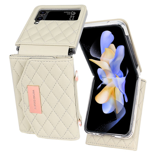 For Samsung Galaxy Z Flip4 VIETAO Rhombic Texture Wallet PU Phone Case with Long Lanyard(Beige) - Galaxy Z Flip4 5G Cases by VIETAO | Online Shopping UK | buy2fix