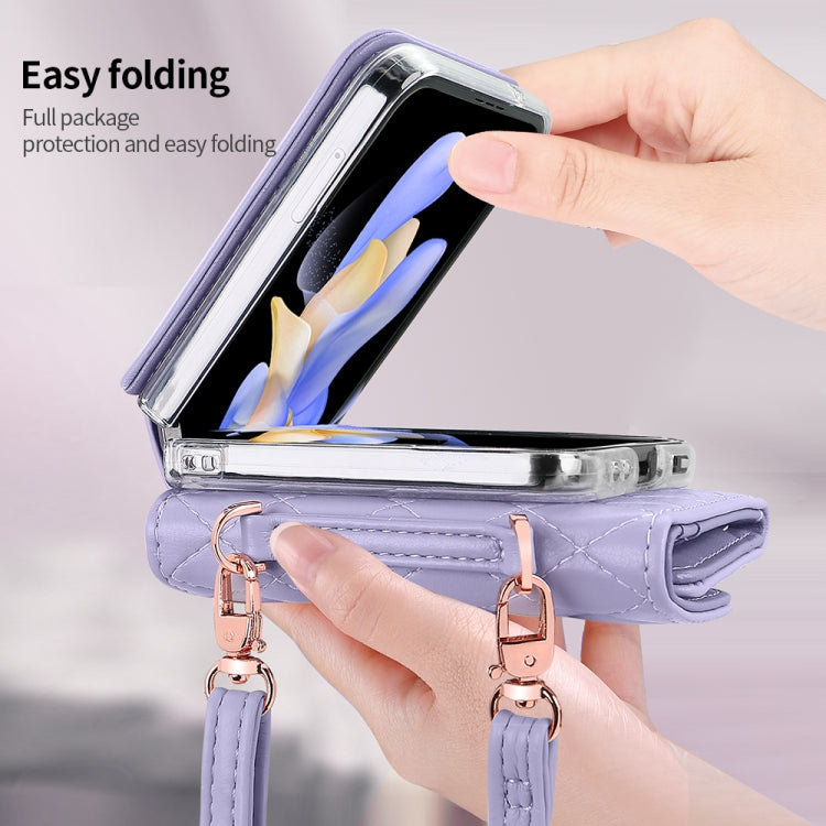 For Samsung Galaxy Z Flip3 5G VIETAO Rhombic Texture Wallet PU Phone Case with Long Lanyard(Purple) - Galaxy Phone Cases by VIETAO | Online Shopping UK | buy2fix
