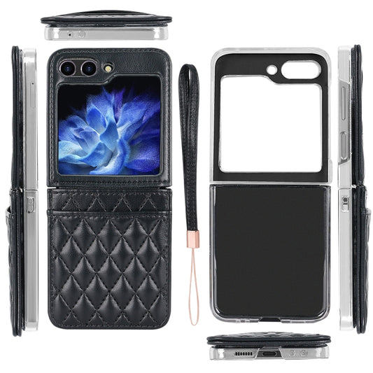 For Samsung Galaxy Z Flip5 VIETAO Rhombic Texture PU Card Slot Phone Case with Lanyard(Black) - Galaxy Z Flip5 Cases by VIETAO | Online Shopping UK | buy2fix