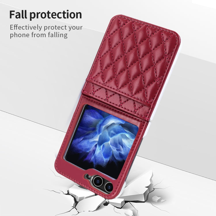 For Samsung Galaxy Z Flip5 VIETAO Rhombic Texture PU Card Slot Phone Case with Lanyard(Red) - Galaxy Z Flip5 Cases by VIETAO | Online Shopping UK | buy2fix