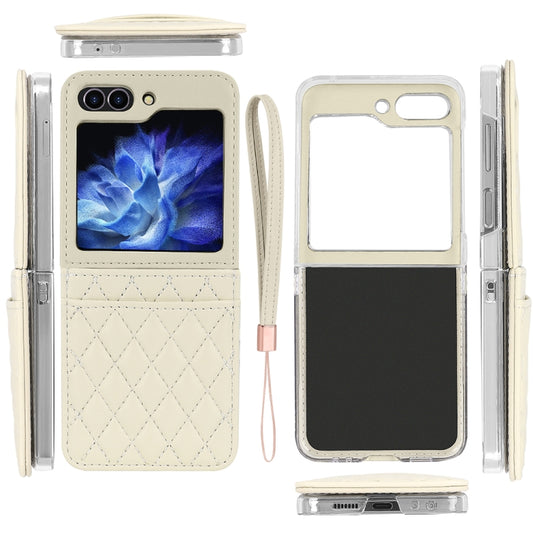 For Samsung Galaxy Z Flip5 VIETAO Rhombic Texture PU Card Slot Phone Case with Lanyard(Beige) - Galaxy Z Flip5 Cases by VIETAO | Online Shopping UK | buy2fix