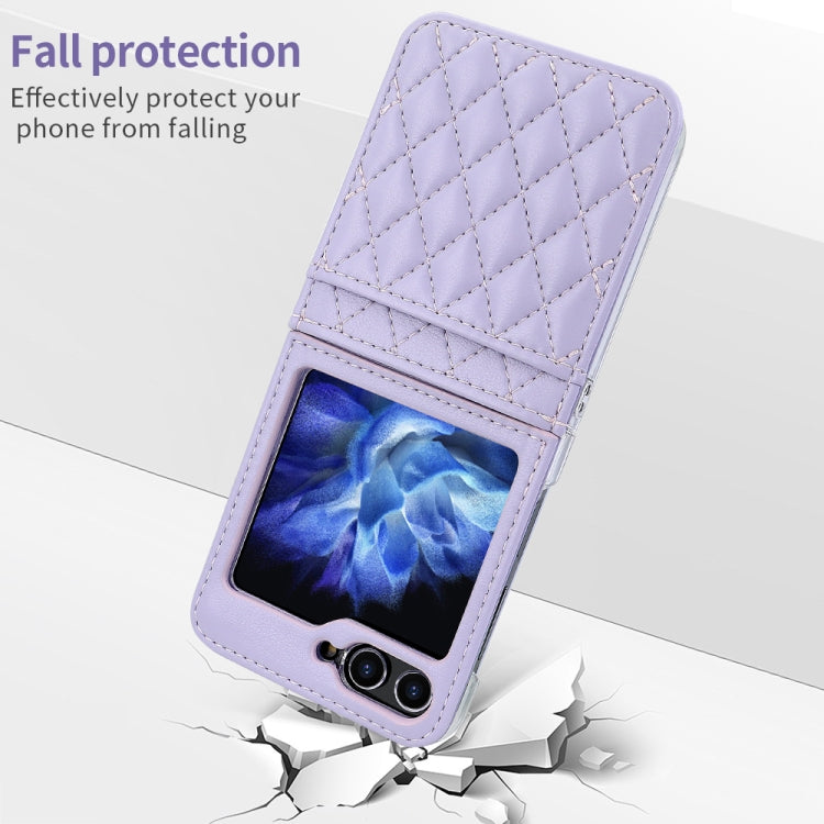 For Samsung Galaxy Z Flip5 VIETAO Rhombic Texture PU Card Slot Phone Case with Lanyard(Purple) - Galaxy Z Flip5 Cases by VIETAO | Online Shopping UK | buy2fix