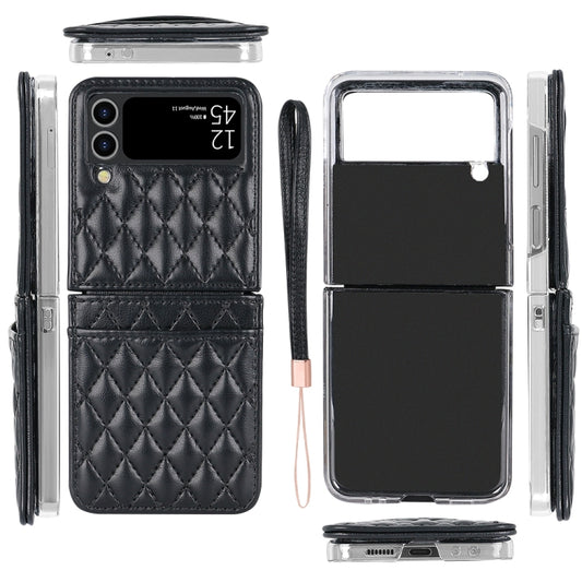 For Samsung Galaxy Z Flip4 VIETAO Rhombic Texture PU Card Slot Phone Case with Lanyard(Black) - Galaxy Z Flip4 5G Cases by VIETAO | Online Shopping UK | buy2fix