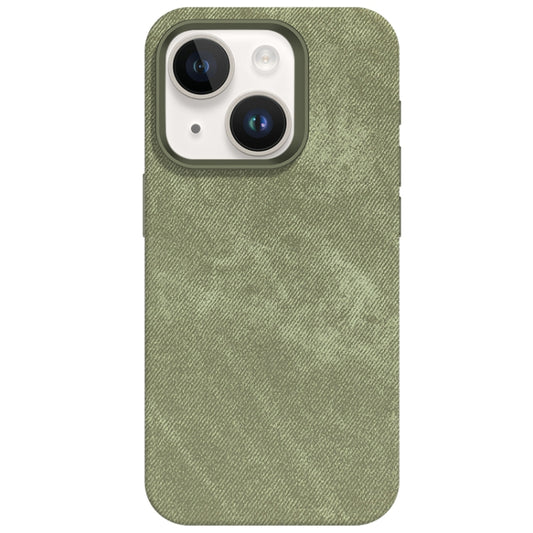 For iPhone 14 Skin Feel Denim Leather MagSafe Phone Case(Khaki Green) by buy2fix