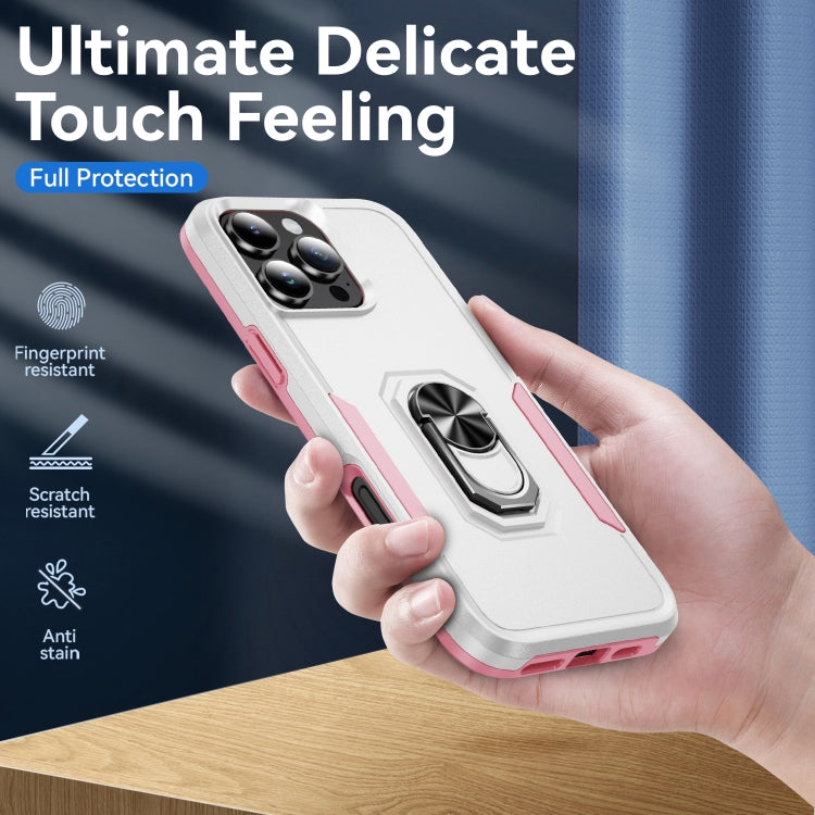 For iPhone 16 Pro Pioneer Armor Heavy Duty PC + TPU Phone Case with Holder(White+Pink) by buy2fix