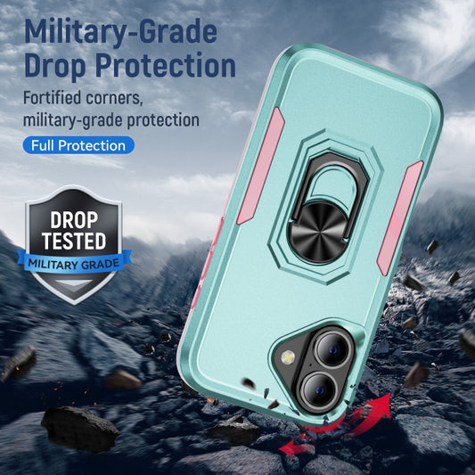 For iPhone 16 Plus Pioneer Armor Heavy Duty PC + TPU Phone Case with Holder(Green+Pink) by buy2fix