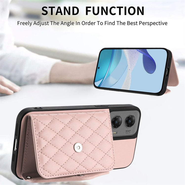 For Motorola Moto G Stylus 5G 2024 Rhombic Texture Card Bag RFID Phone Case with Long Lanyard(Rose Gold) by buy2fix
