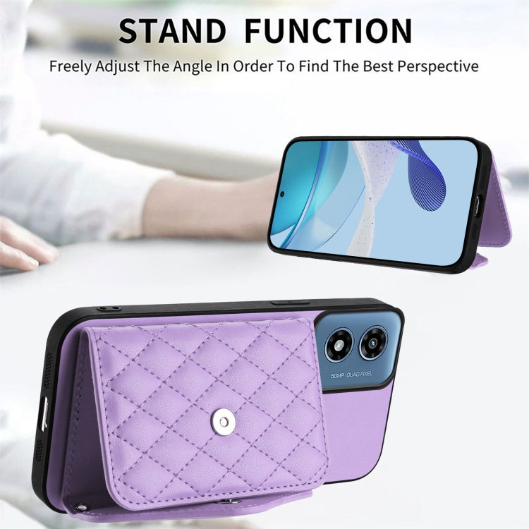 For Motorola Moto G Play 2024 5G Rhombic Texture Card Bag RFID Phone Case with Long Lanyard(Light Purple) by buy2fix