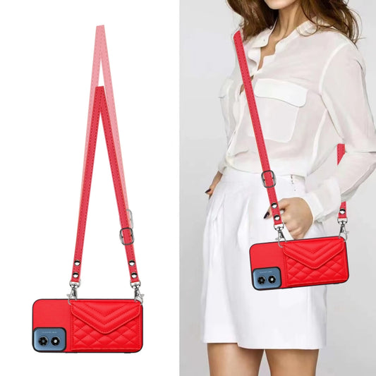 For Motorola Moto G Play 2024 5G Rhombic Texture Card Bag RFID Phone Case with Long Lanyard(Red) by buy2fix