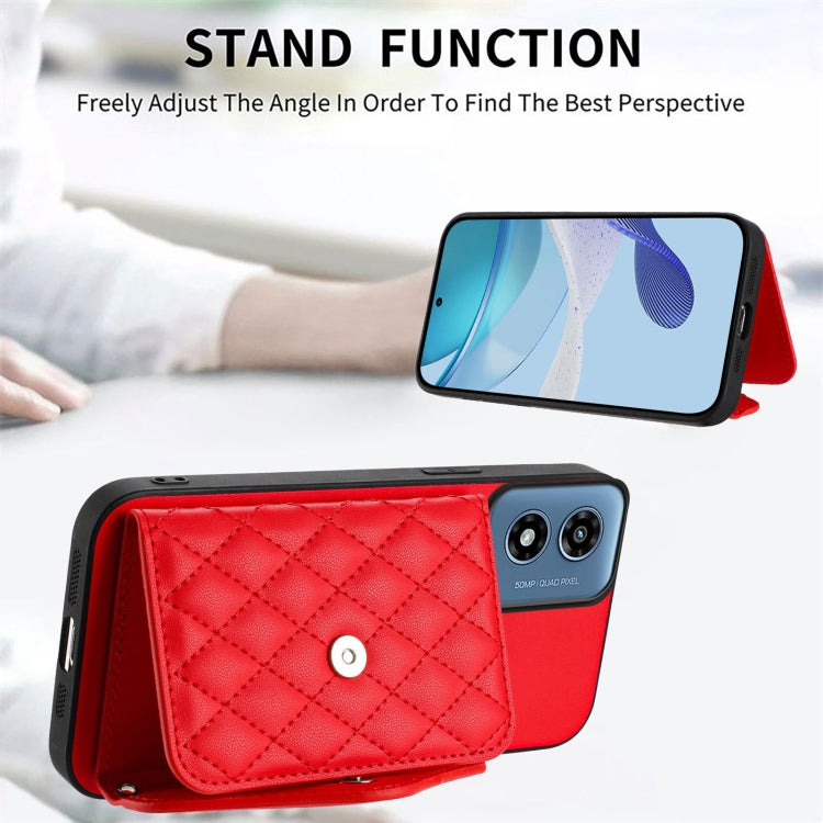 For Motorola Moto G Play 2024 5G Rhombic Texture Card Bag RFID Phone Case with Long Lanyard(Red) by buy2fix