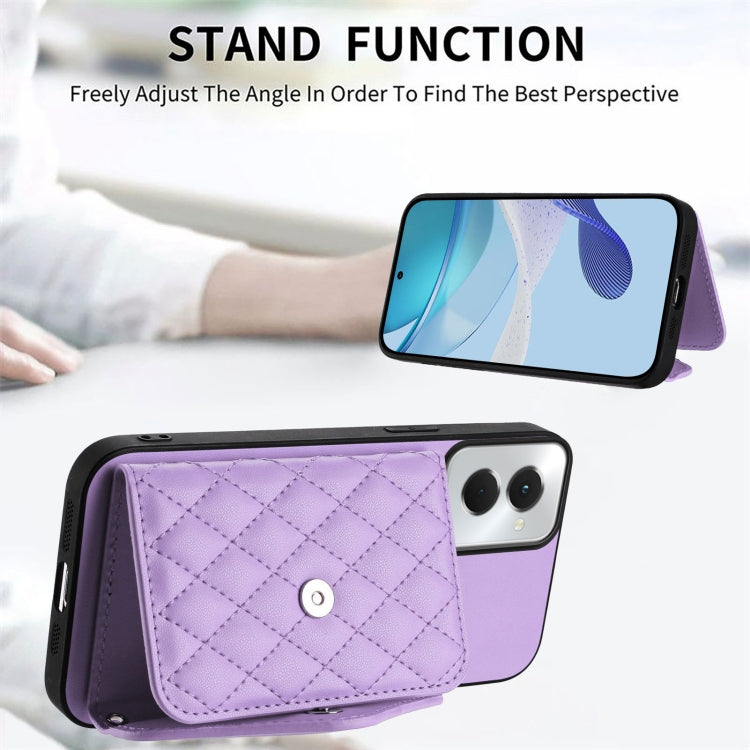 For Motorola Moto G Power 2024 5G Rhombic Texture Card Bag RFID Phone Case with Long Lanyard(Light Purple) by buy2fix