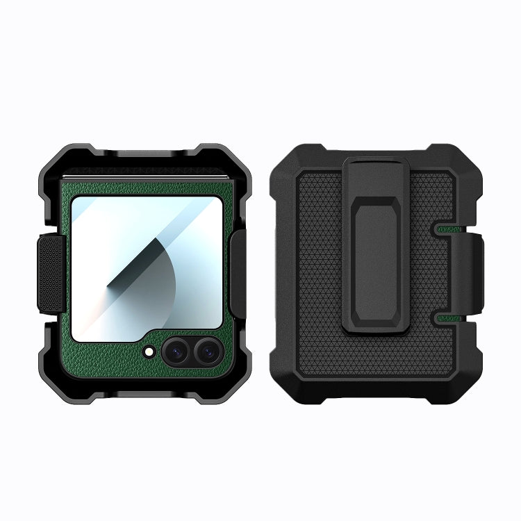 For Samsung Galaxy Z Flip6 PC Hybrid PU Leather Phone Case with Back Clip Holder(Green) - Galaxy Z Flip6 5G Cases by buy2fix | Online Shopping UK | buy2fix