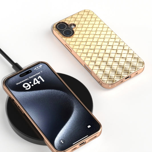 For iPhone 16 Plus Electroplated Frame Woven Texture PU Phone Case(Gold) by buy2fix