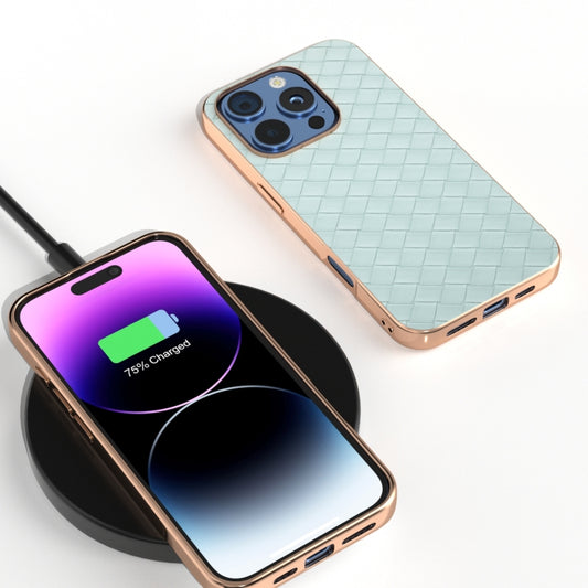 For iPhone 16 Pro Max Electroplated Frame Woven Texture PU Phone Case(Light Green) by buy2fix