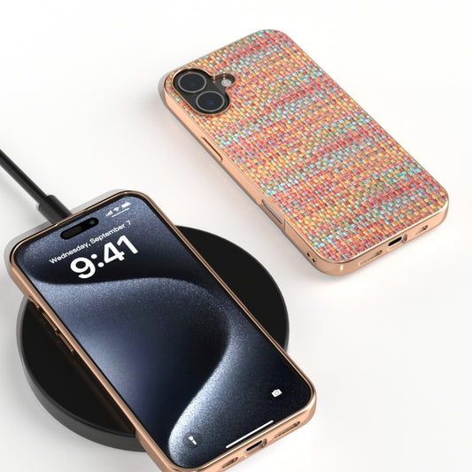 For iPhone 16 Plus Electroplated Frame Color Lattice Texture PU Phone Case(Tangerine) by buy2fix