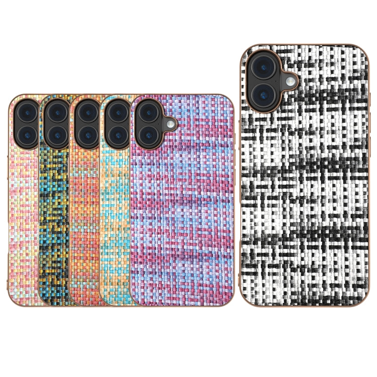 For iPhone 16 Electroplated Frame Color Lattice Texture PU Phone Case(Black) by buy2fix
