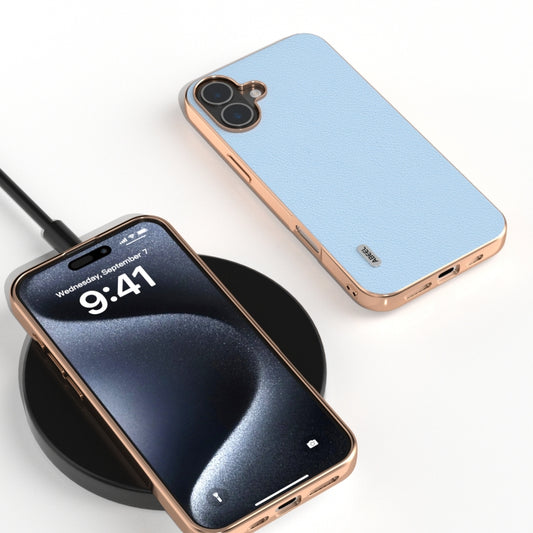 For iPhone 16 Plus ABEEL Electroplating Frame Genuine Leather Wave Phone Case(Blue) by buy2fix