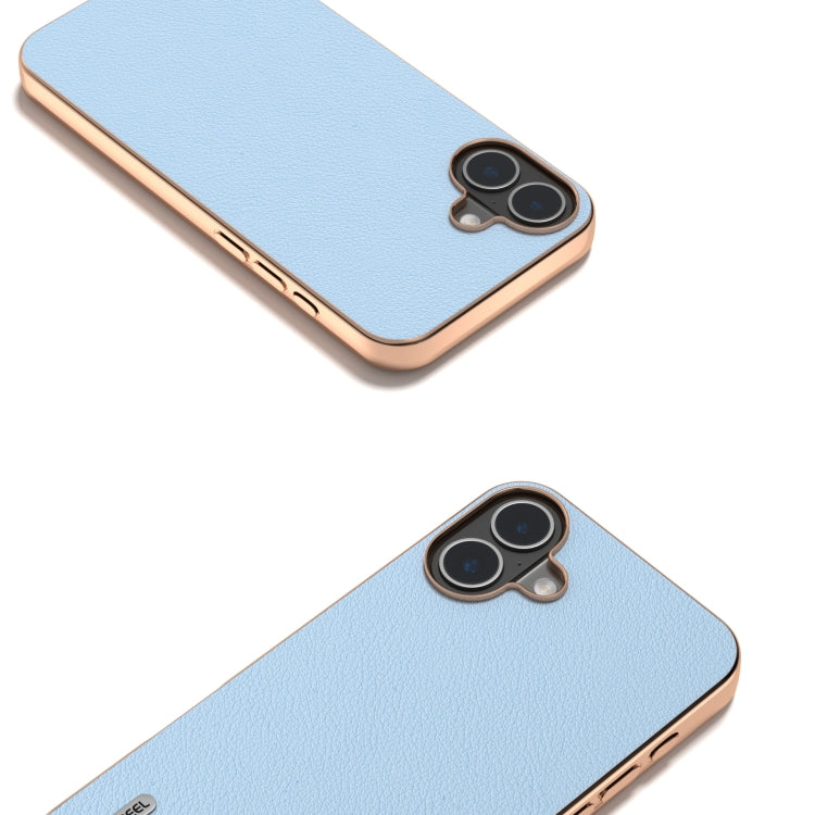 For iPhone 16 Plus ABEEL Electroplating Frame Genuine Leather Wave Phone Case(Blue) - iPhone 16 Plus Cases by buy2fix | Online Shopping UK | buy2fix