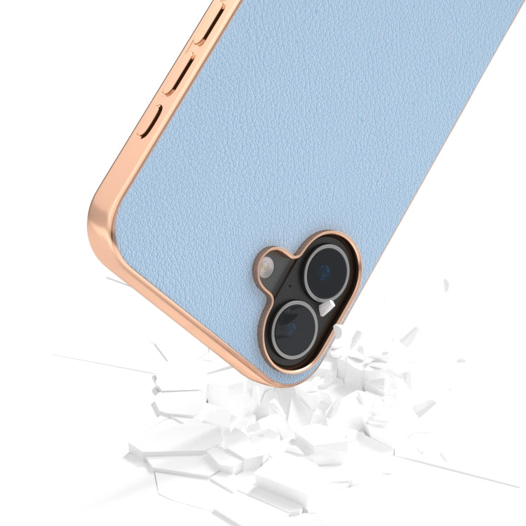 For iPhone 16 Plus ABEEL Electroplating Frame Genuine Leather Wave Phone Case(Blue) - iPhone 16 Plus Cases by buy2fix | Online Shopping UK | buy2fix