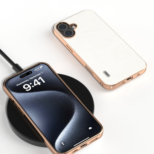 For iPhone 16 ABEEL Electroplating Frame Genuine Leather Wave Phone Case(Grey) by buy2fix