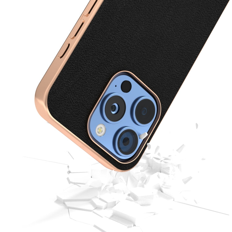 For iPhone 16 Pro ABEEL Electroplating Frame Genuine Leather Wave Phone Case(Black) - iPhone 16 Pro Cases by buy2fix | Online Shopping UK | buy2fix