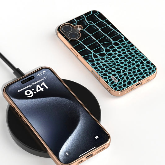 For iPhone 16 ABEEL Electroplated Frame Genuine Leather Crocodile Pattern Phone Case(Blue) by buy2fix