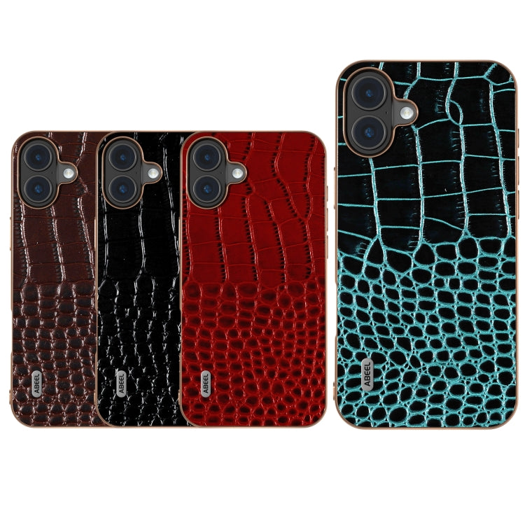 For iPhone 16 ABEEL Electroplated Frame Genuine Leather Crocodile Pattern Phone Case(Red) by buy2fix
