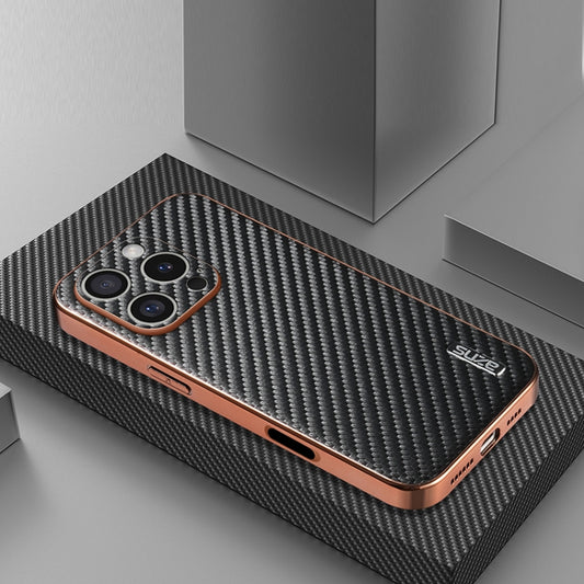 For iPhone 16 Pro AZNS Electroplated Edge Carbon Fiber Texture Phone Case(Black) by AZNS